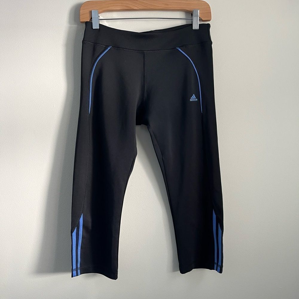 adidas Black Athletic Crop Legging Blue Trim | Size Medium
